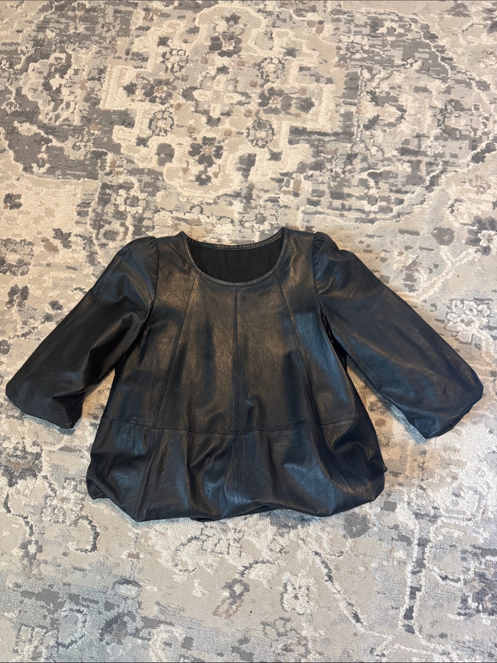 Black 100% lamb Leather puff Sleeve babydoll Top